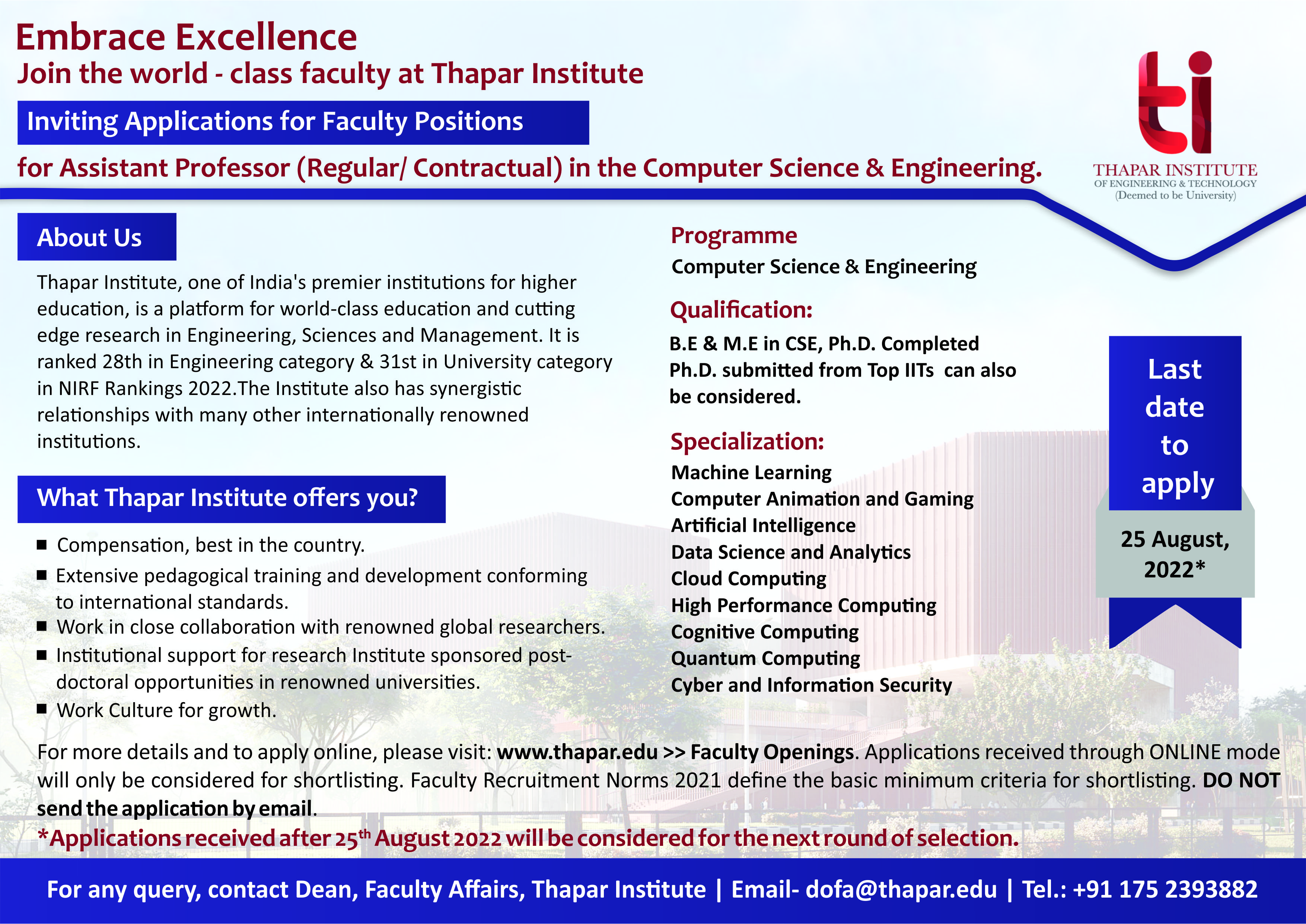 Regular Faculty Positions at Thapar Institute (TIET), Patiala, India